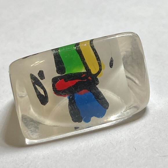 Vintage Acrylic Lucite Cocktail Ring Size 6 6.5 Blue White Geometric Hand Made - Picture 4 of 9